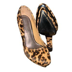 Adrienne Maloof Leopard Print Pony Hair Block Heel Platform Pumps Tan Black 8M